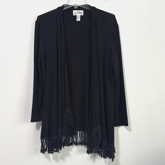 Joseph Ribkoff Fringe Hem Cardigan 14 Black Open Front Long Sleeve Party Dinner - Picture 1 of 8